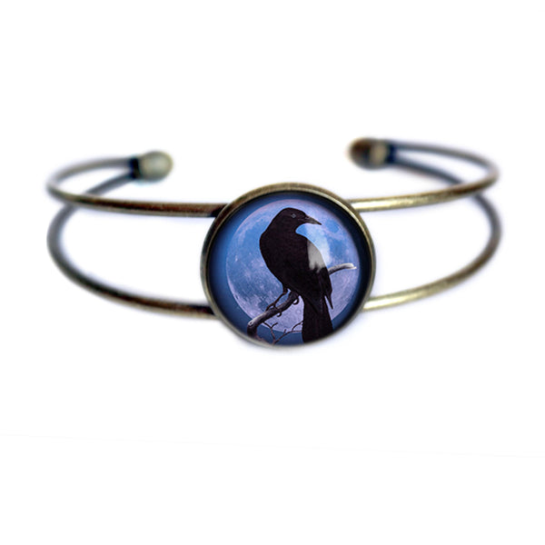 Crow or Raven on Purple Moon Goth / Halloween Cuff Bracelet with Glass Cabochon on Bronze