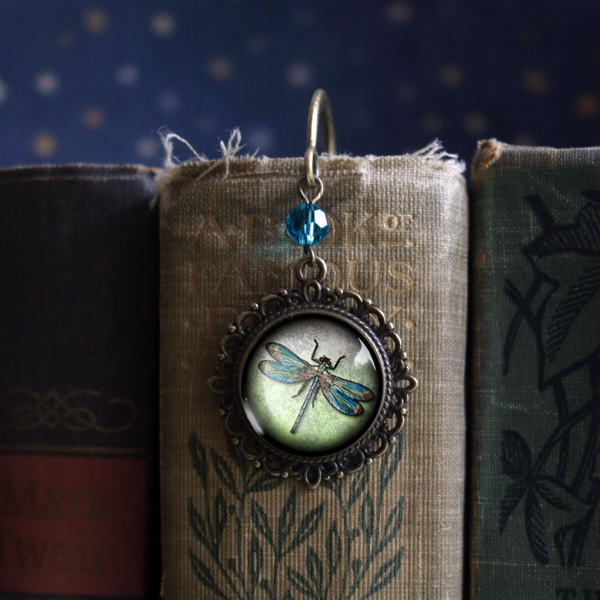 Dragonfly Glass Cabochon Brass Book Hook / Bookmark
