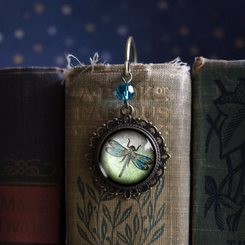 Dragonfly Glass Cabochon Brass Book Hook / Bookmark