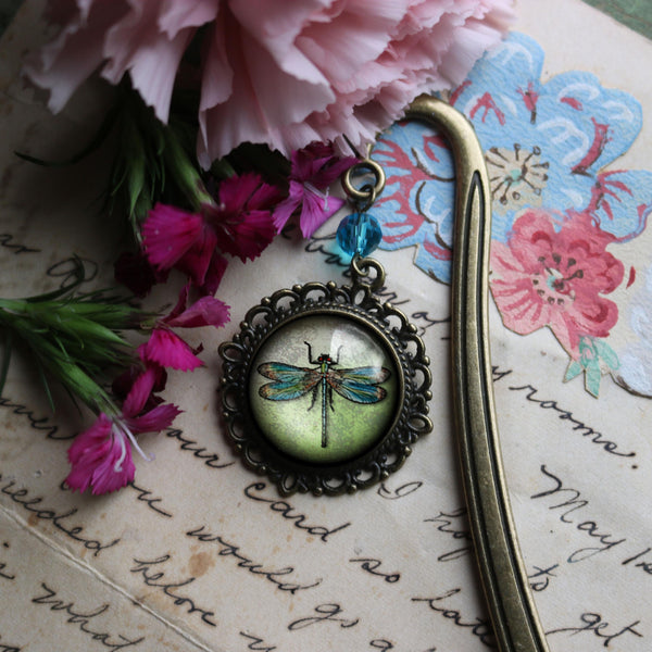 Dragonfly Glass Cabochon Brass Book Hook / Bookmark