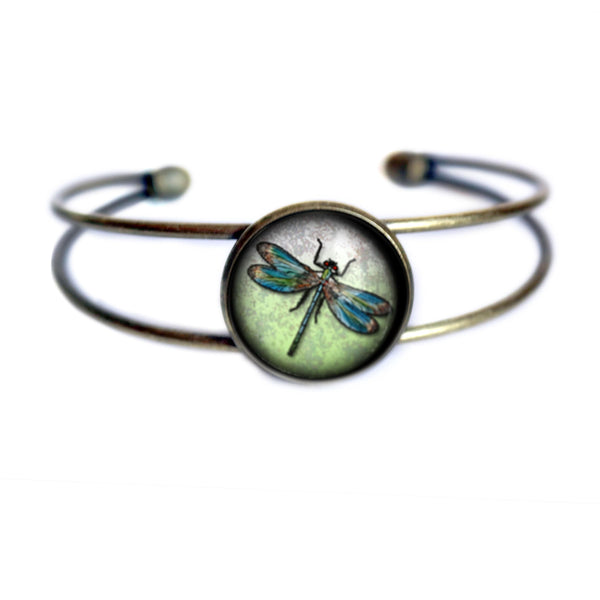 Dragonfly Glass Cabochon and Wire Cuff Bracelet
