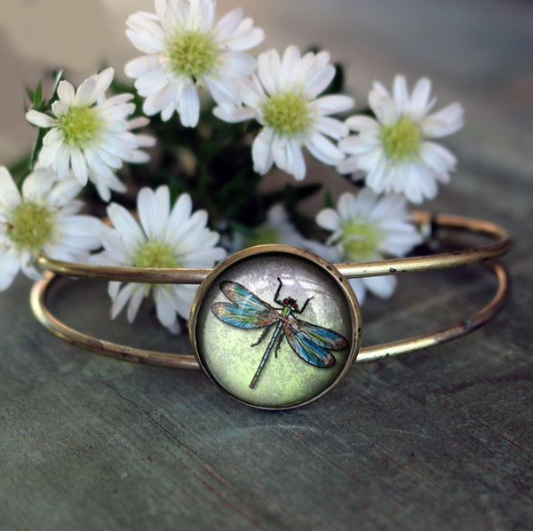 Dragonfly Glass Cabochon and Wire Cuff Bracelet