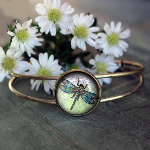 Dragonfly Glass Cabochon and Wire Cuff Bracelet