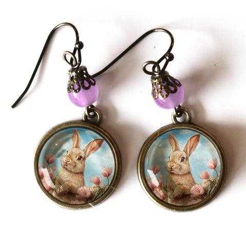 Victorian Easter Bunny Drop / Dangle Earrings with Pale Purple Bead