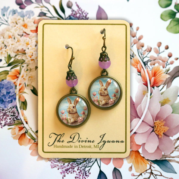 Victorian Easter Bunny Drop / Dangle Earrings with Pale Purple Bead