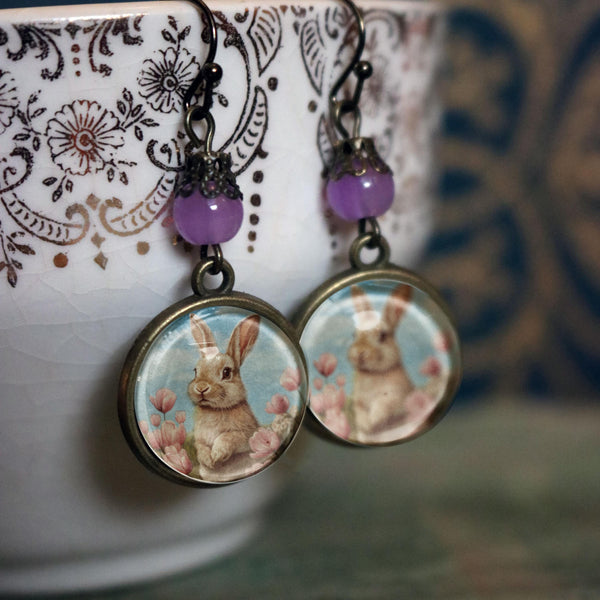 Victorian Easter Bunny Drop / Dangle Earrings with Pale Purple Bead