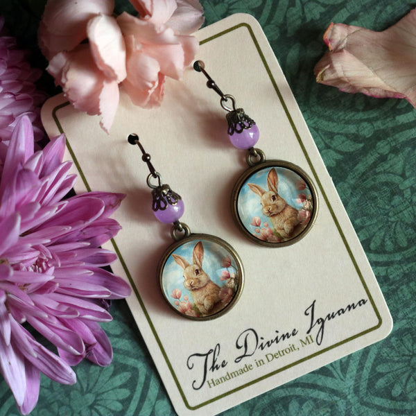 Victorian Easter Bunny Drop / Dangle Earrings with Pale Purple Bead