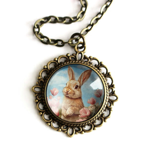 Victorian Easter Bunn Pendant Necklace in Bronze Bezel