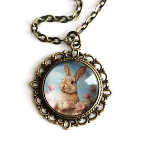 Victorian Easter Bunn Pendant Necklace in Bronze Bezel
