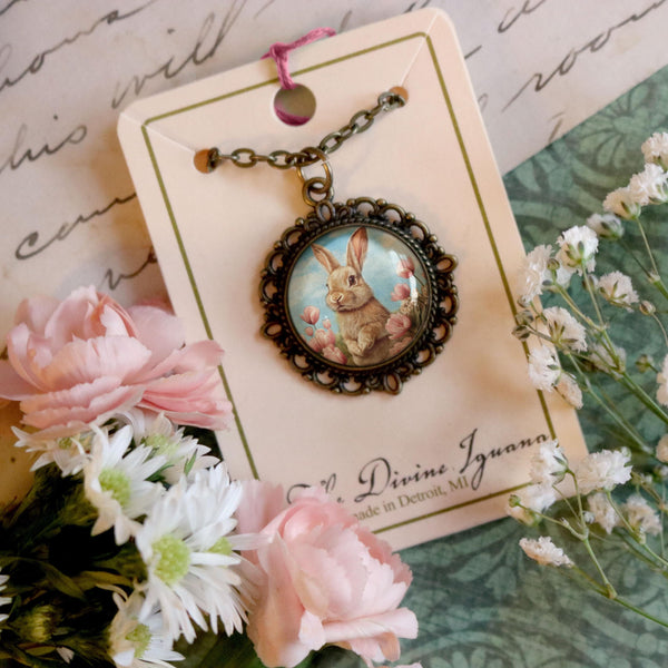 Victorian Easter Bunn Pendant Necklace in Bronze Bezel