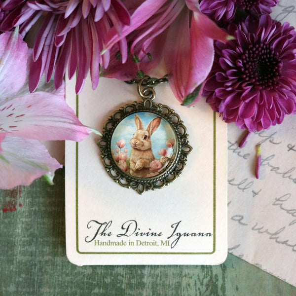 Victorian Easter Bunn Pendant Necklace in Bronze Bezel