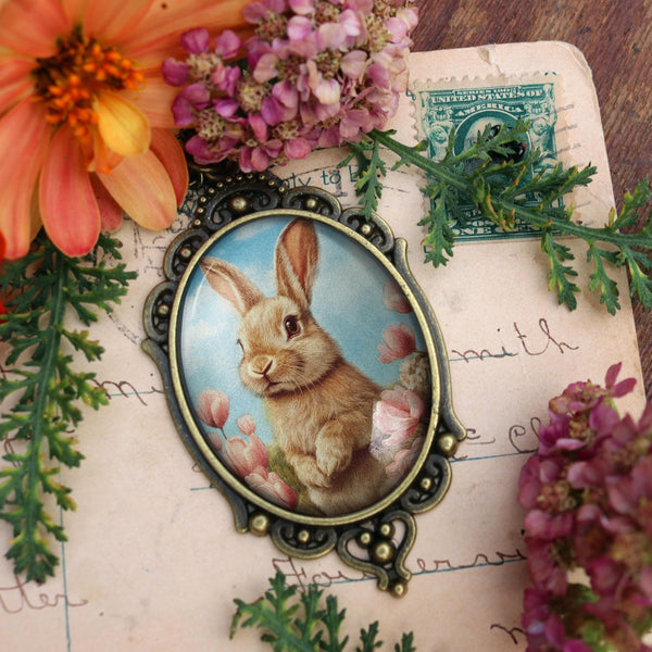 Victorian Easter Bunny Large Oval Pendant Necklace in Bronze Bezel