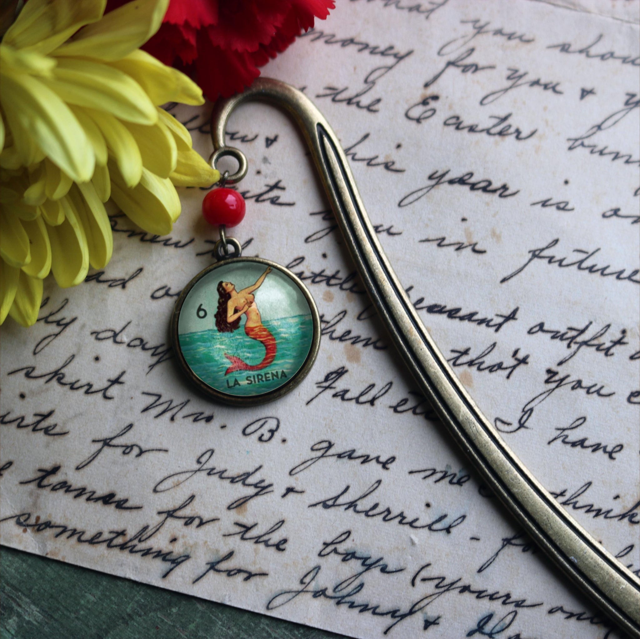 La Sirena Mermaid Loteria Themed Glass Cabochon Brass Book Hook / Bookmark