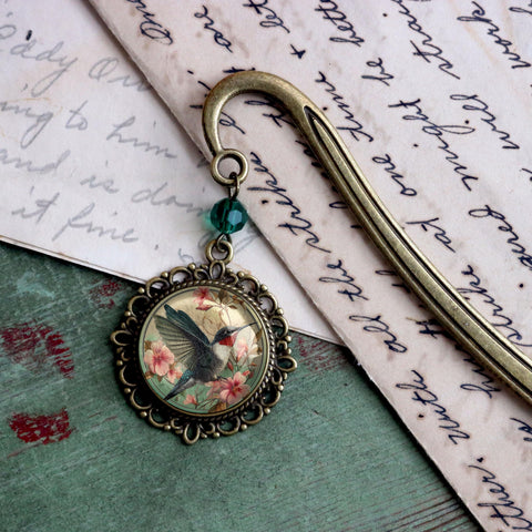 Art Nouveau Hummingbird Glass Cabochon Brass Book Hook / Bookmark