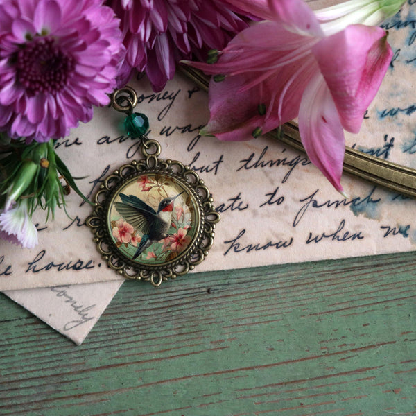 Art Nouveau Hummingbird Glass Cabochon Brass Book Hook / Bookmark
