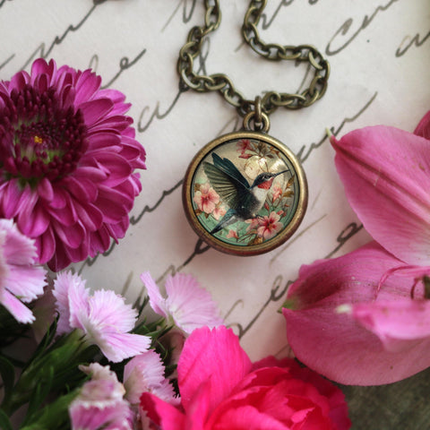 Art Nouveau Hummingbird Simple Reversible Cottagecore Glass Cabochon Pendant Necklace
