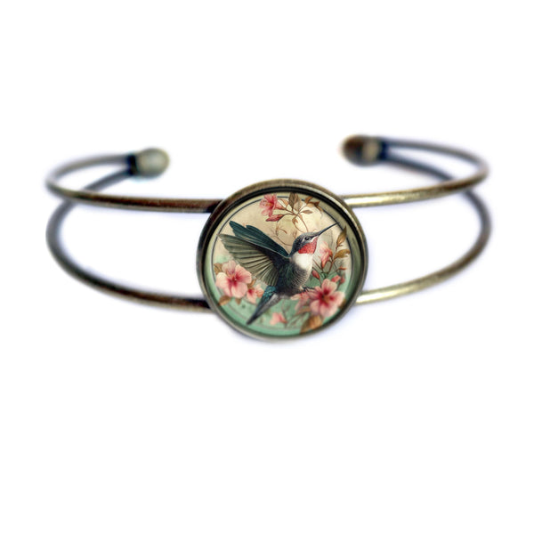 Art Nouveau Hummingbird Cuff Bracelet with Glass Cabochon on Bronze