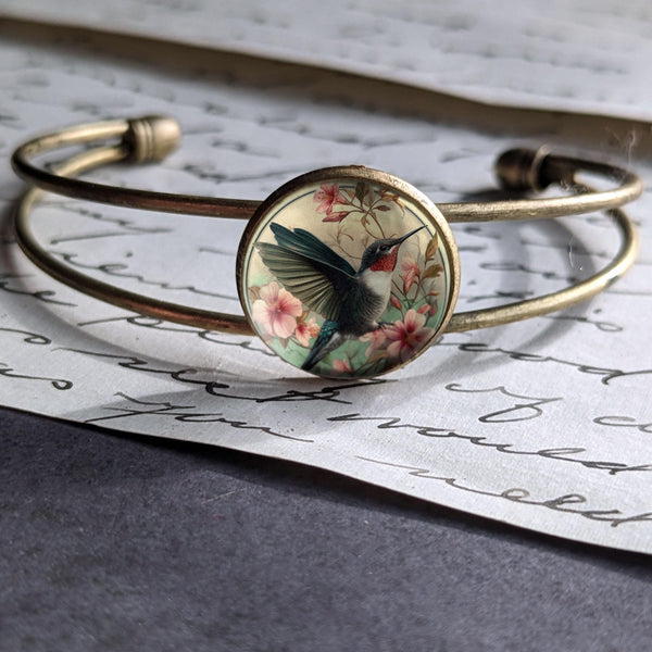 Art Nouveau Hummingbird Cuff Bracelet with Glass Cabochon on Bronze