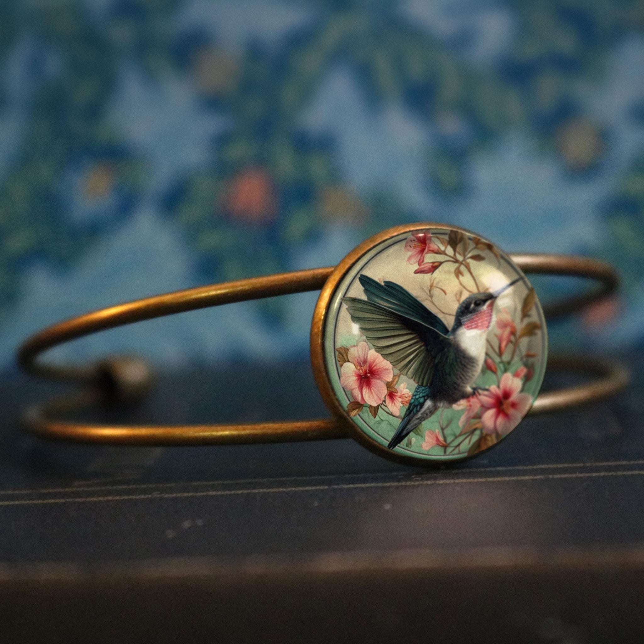 Art Nouveau Hummingbird Cuff Bracelet with Glass Cabochon on Bronze