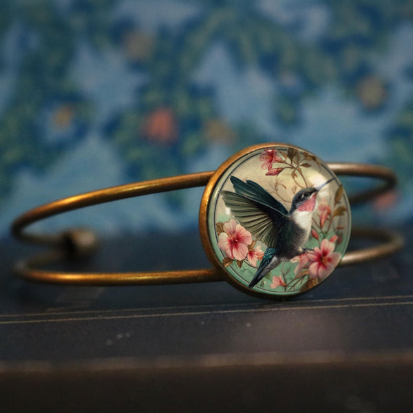 Art Nouveau Hummingbird Cuff Bracelet with Glass Cabochon on Bronze