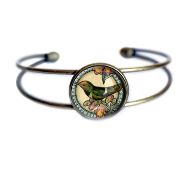 Hummingbird Cuff Bracelet with Glass Cabochon on Bronze