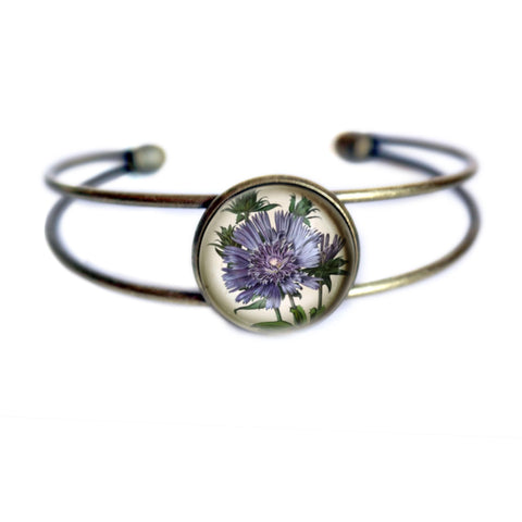 Aster or Bachelor's Button Cottagecore Cuff Bracelet / Bangle in Antique Brass
