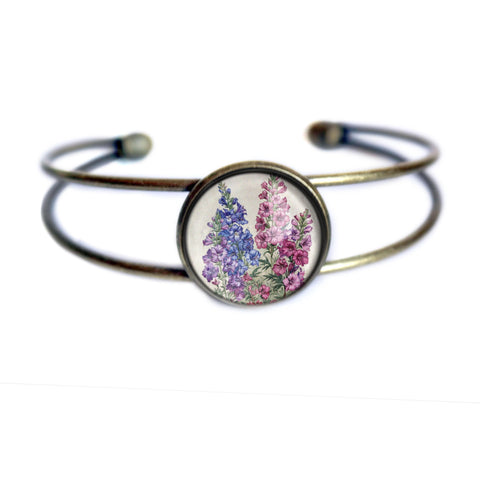 Larkspur or Delphinium Flowers Cottagecore Cuff Bracelet / Bangle in Antique Brass