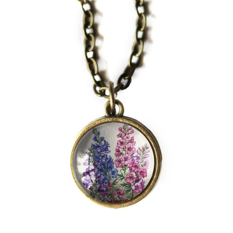 Larkspur or Delphinium Flower Simple Reversible Cottagecore Glass Cabochon Pendant Necklace