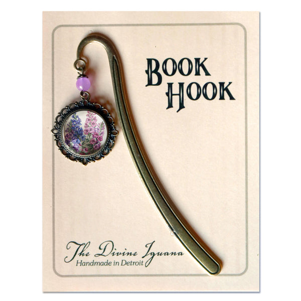 Larkspur or Delphinium Flower Glass Cabochon Brass Book Hook / Bookmark