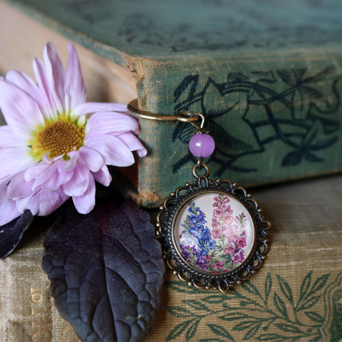 Larkspur or Delphinium Flower Glass Cabochon Brass Book Hook / Bookmark