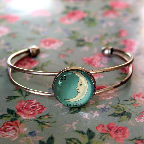 La Luna Loteria Crescent Moon Cuff / Bangle Bracelet in Antique Brass