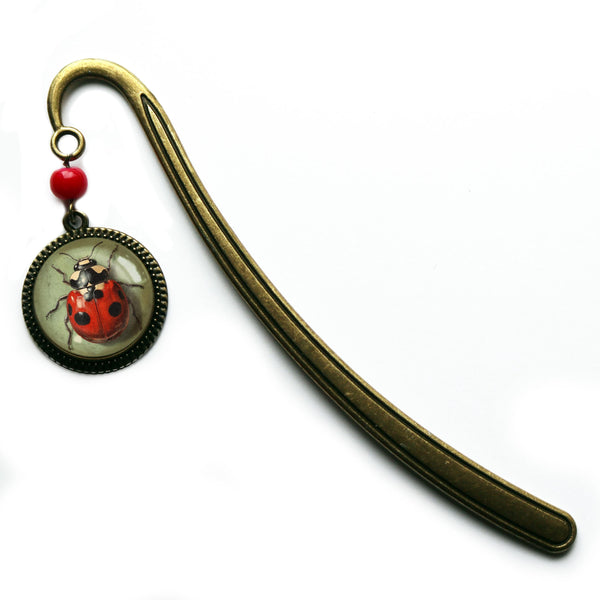 Ladybug Beetle Glass Cabochon Brass Book Hook / Bookmark
