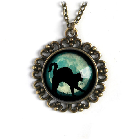 Black Cat on Blue Goth or Halloween Large Pendant Necklace in Ornate Frame