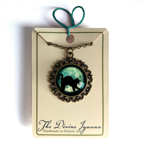 Black Cat on Blue Goth or Halloween Large Pendant Necklace in Ornate Frame