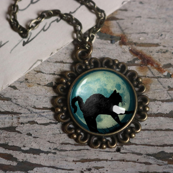 Black Cat on Blue Goth or Halloween Large Pendant Necklace in Ornate Frame