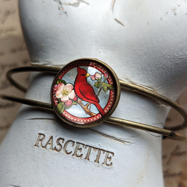 Spring Cardinal Brass and Glass Cabochon Wire Cuff  Bracelet