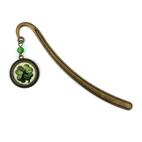 Four Leaf Clover Glass Cabochon Brass Book Hook / Bookmark