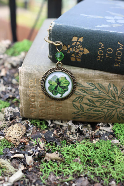 Four Leaf Clover Glass Cabochon Brass Book Hook / Bookmark
