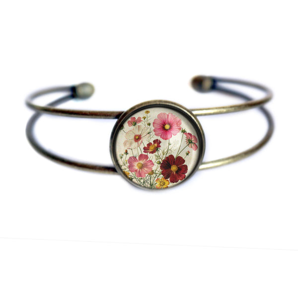 Cosmo Flowers Blossoms Cuff Bracelet / Bangle in Antique Brass