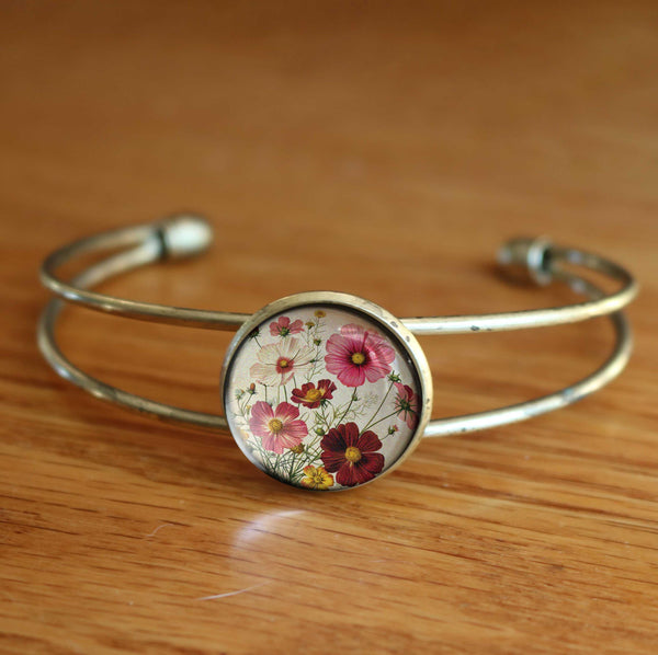 Cosmo Flowers Blossoms Cuff Bracelet / Bangle in Antique Brass