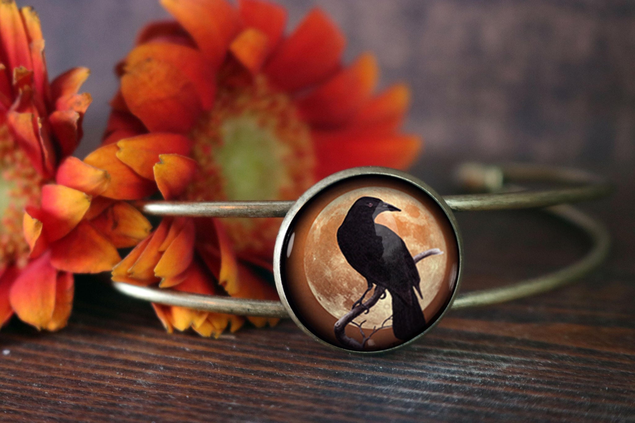 Crow or Raven on Orange Moon Goth / Halloween Cuff Bracelet with Glass Cabochon on Bronze