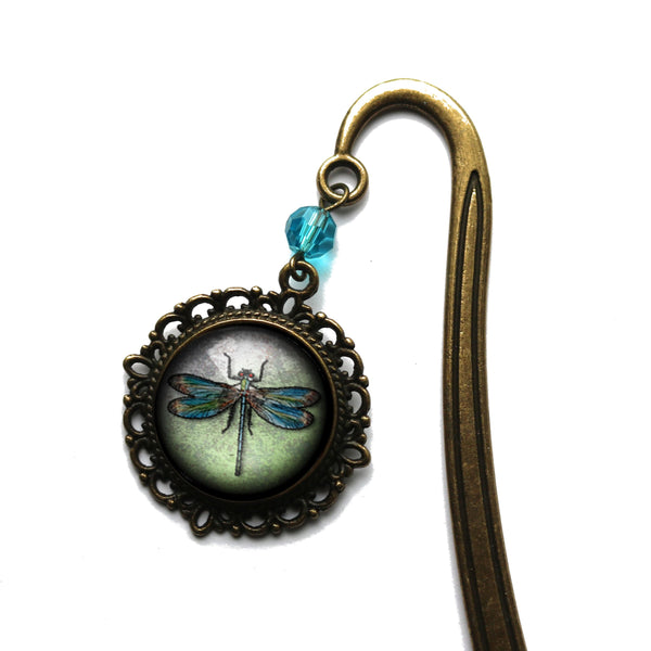 Dragonfly Glass Cabochon Brass Book Hook / Bookmark