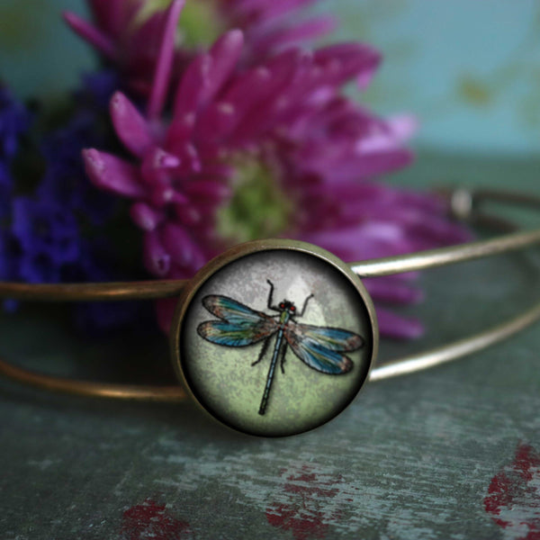 Dragonfly Glass Cabochon and Wire Cuff Bracelet