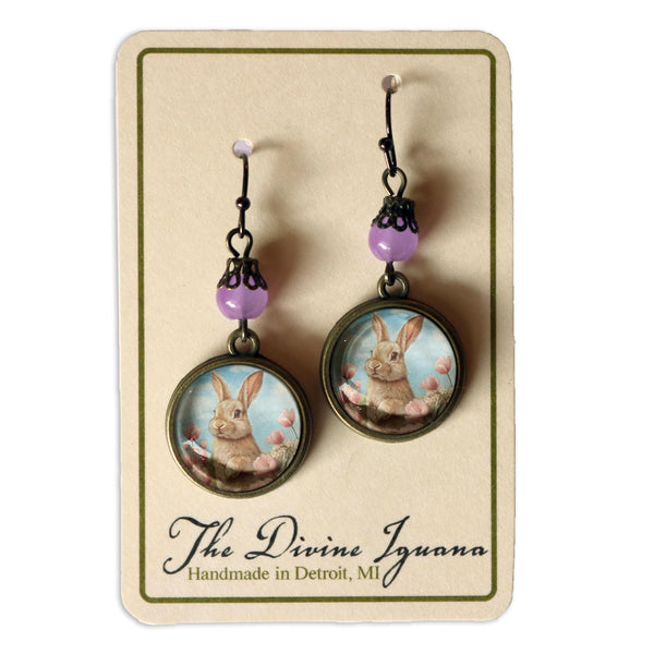 Victorian Easter Bunny Drop / Dangle Earrings with Pale Purple Bead