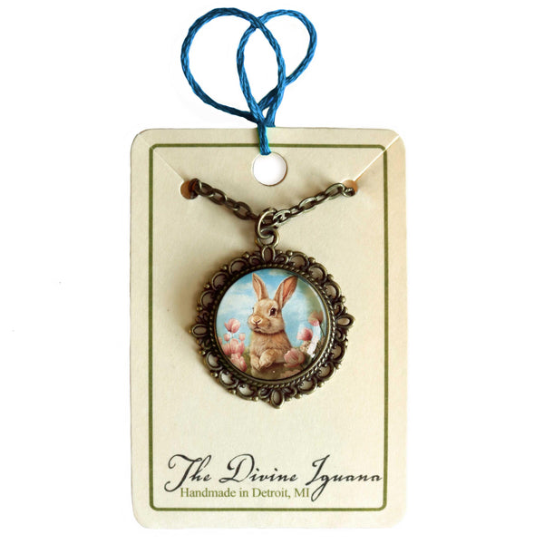 Victorian Easter Bunn Pendant Necklace in Bronze Bezel