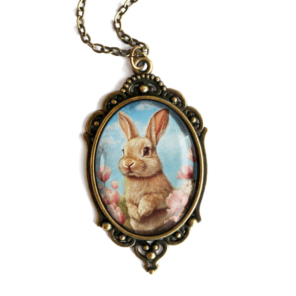 Victorian Easter Bunny Large Oval Pendant Necklace in Bronze Bezel