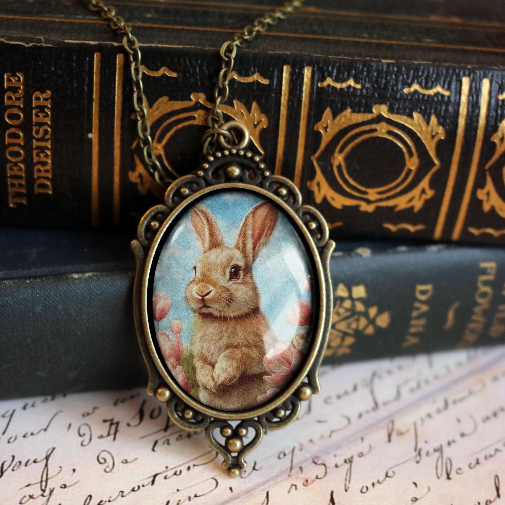 Victorian Easter Bunny Large Oval Pendant Necklace in Bronze Bezel