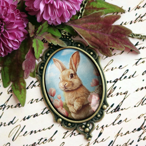 Victorian Easter Bunny Large Oval Pendant Necklace in Bronze Bezel