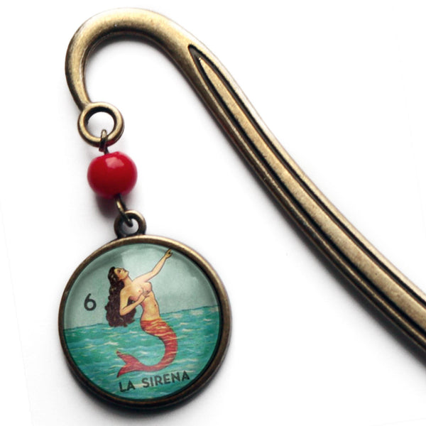 La Sirena Mermaid Loteria Themed Glass Cabochon Brass Book Hook / Bookmark