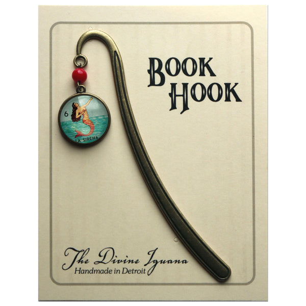 La Sirena Mermaid Loteria Themed Glass Cabochon Brass Book Hook / Bookmark